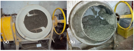 Mixing of materials in concrete mixer.
Without air entrainment additive (a) and with air entrainment additive (b).