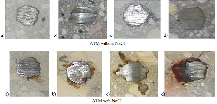 Photographic record of the concrete-reinforcing
steel interface: a) 6, b) 12, c) 18 and d) 24 months, respectively, in
structures exposed to ATM.