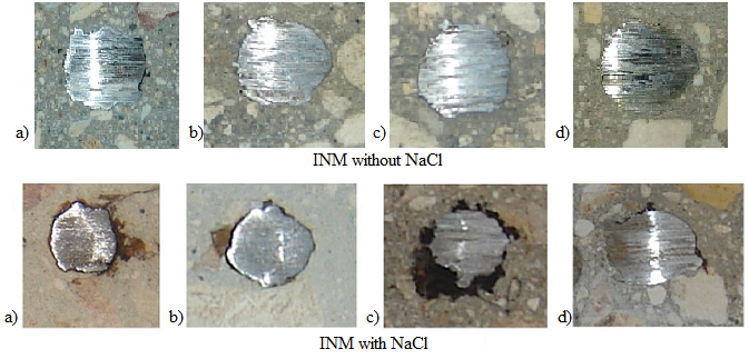 Photographic record of the
concrete-reinforcing steel interface: a) 6, b) 12, c) 18 and d) 24 months,
respectively, in structures exposed to INM.