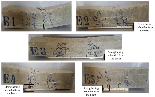 Beams E1, E2, E3, E4, and E5 after failure.