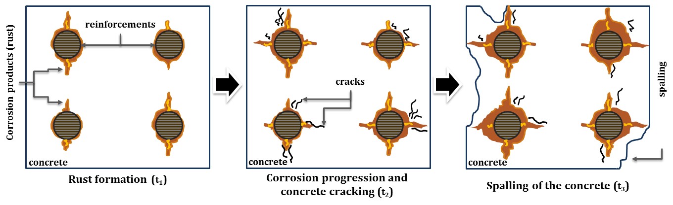 Stages of concrete damage during the period of corrosion progression