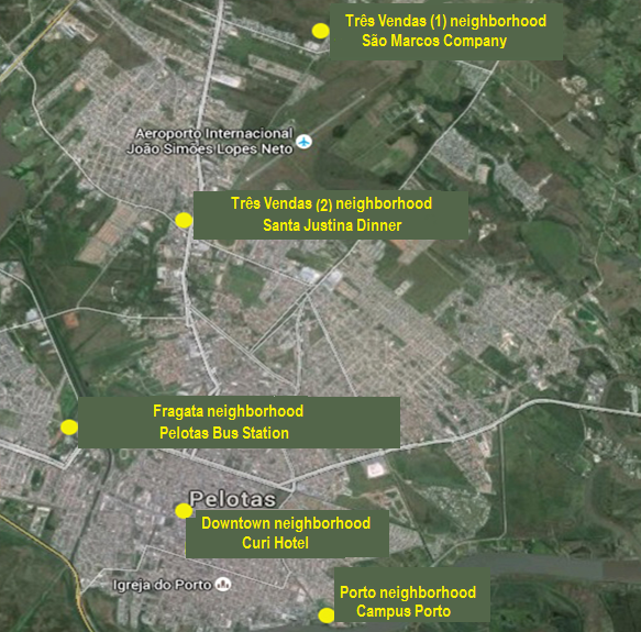 Mapping of the location of the bodies-of-proof in the city of Pelotas / RS.
(Adapted from Google Earth).