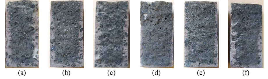 Fractured specimens after colorimetric test - 8 weeks: a) C-0.1-0; b) C-0.3-0;
c) C-0.5-0; d) C-0.5-10; e) C-0.7-10; f) REF.