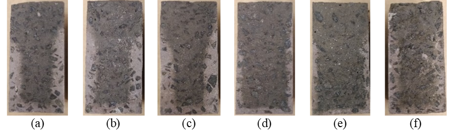 Fractured specimens after colorimetric test - 16 weeks: a) C-0.1-0; b) C-0.3-0;
c) C-0.5-0; d) C-0.5-10; e) C-0.7-10; f) REF.