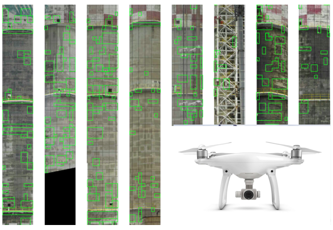 Two-dimensional map of drone images. Areas of
major visible damage delimited by green lines.