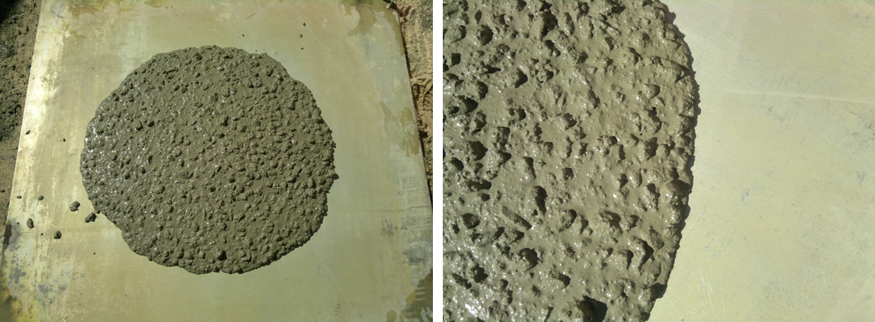 Visual aspect of the self-compacting concrete observed during the slumpflow test.