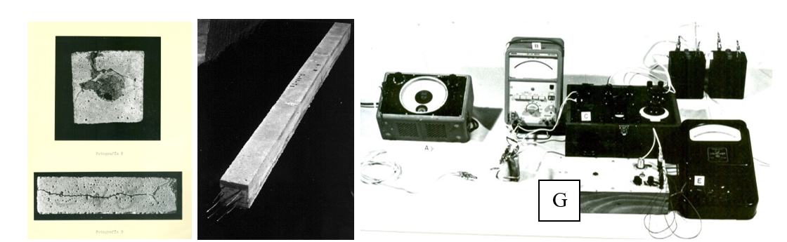 Used corroded probes during the
thesis of the author and the beam made in the Doctoral thesis (Hausmann, 1964)
presented the year 1973 in the Complutense University
of Madrid. Apparatus used in the doctoral thesis (Andrade, 1973)